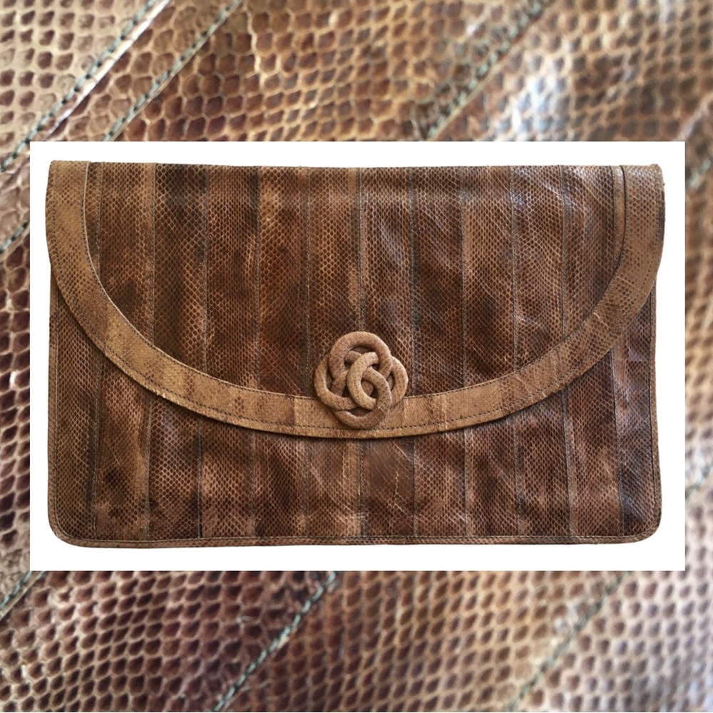 Vintage 80s 90s Shoesstrings Snakeskin Clutch Purse Bag Brown 11.5” x 7.5”